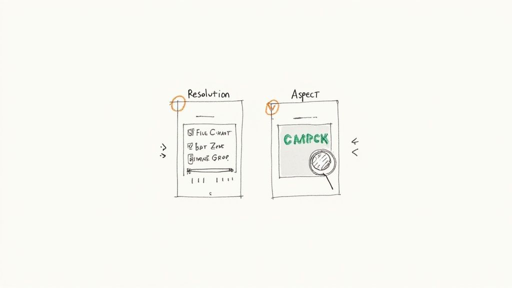Hand-drawn sketches of mobile screens demonstrating resolution and aspect ratio in user interfaces.