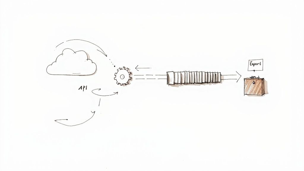 Diagram illustrating a data flow from a cloud API through a processing gear, leading to stacked items and an export briefcase.