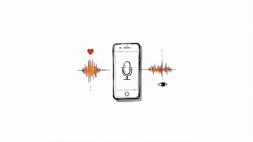 A hand-drawn smartphone with a microphone, surrounded by audio waveforms, a heart, and an eye.