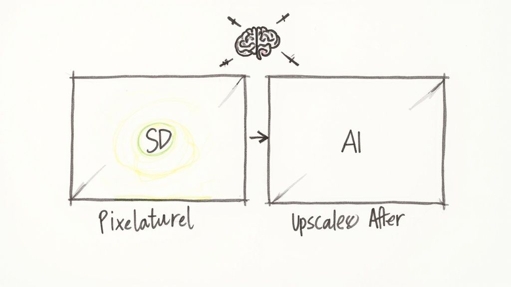 A diagram illustrates a standard definition (SD) image transformed into an AI-upscaled image, guided by a brain.