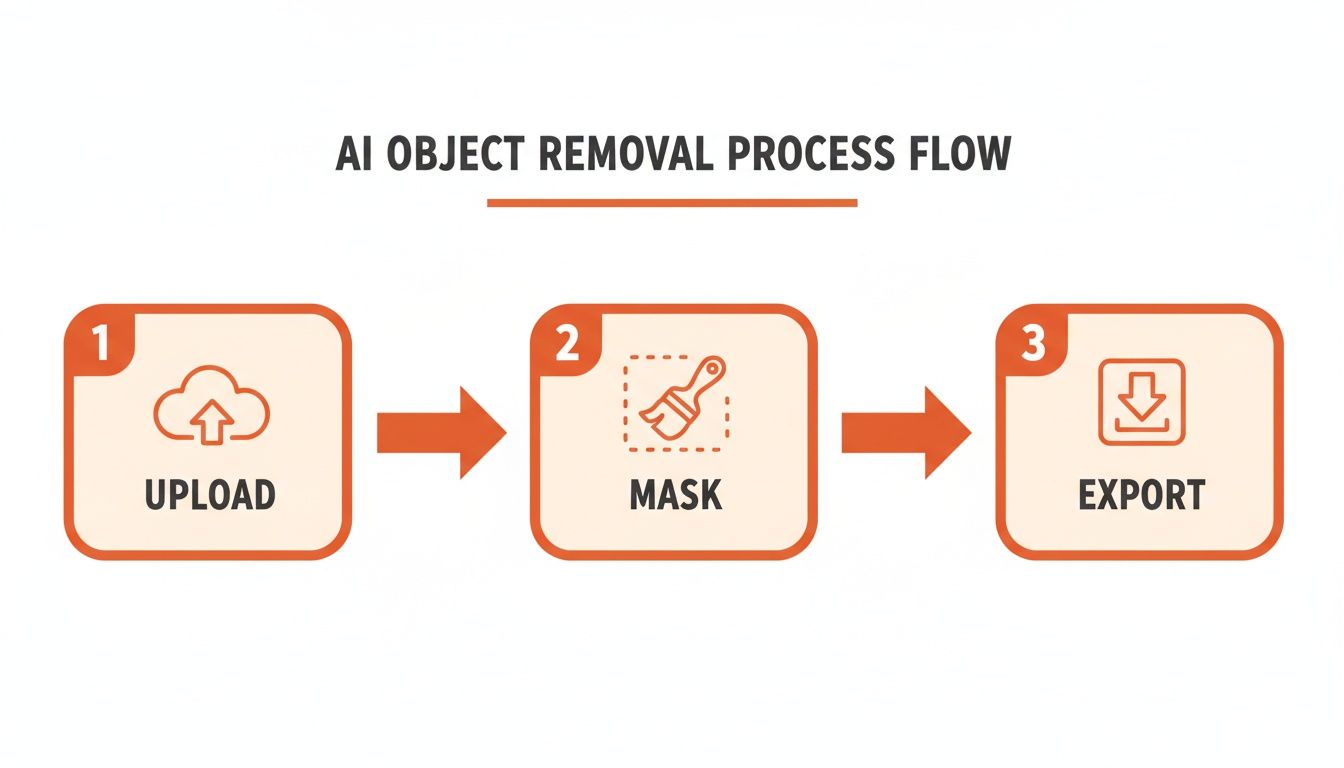 A flowchart showing the AI object removal process in three steps: Upload, Mask, and Export.