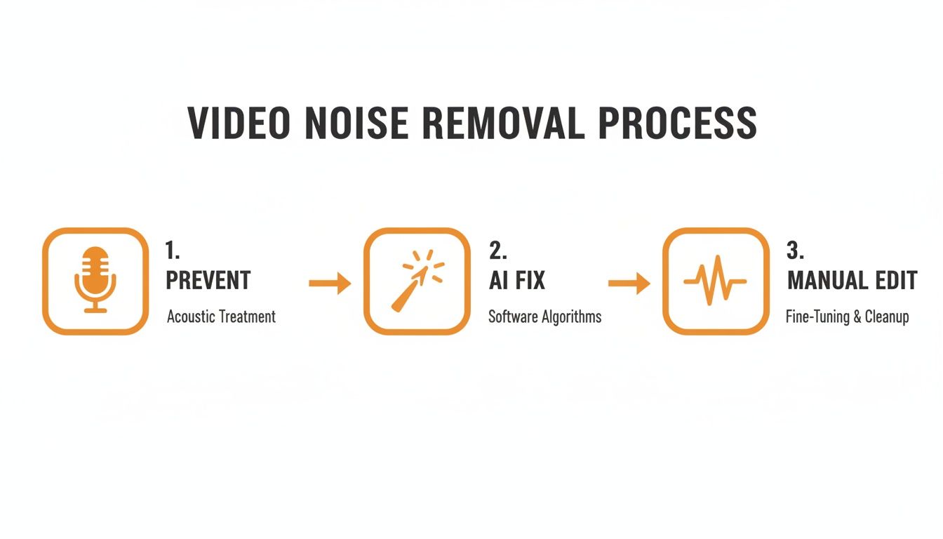 A diagram detailing the three-step video noise removal process: prevent, AI fix, and manual edit.
