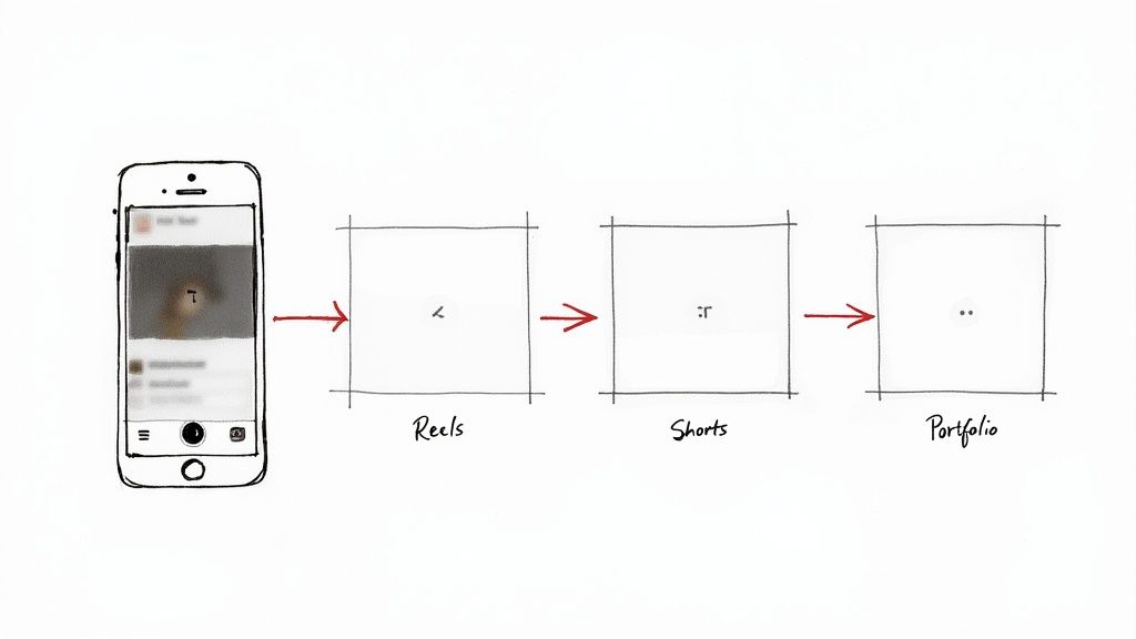 A diagram illustrates content from a phone app moving through Reels, Shorts, and a Portfolio.