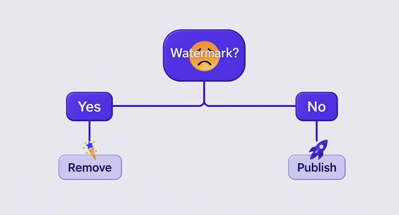 A flowchart illustrating the decision process for a video watermark: if yes, remove it; if no, publish.