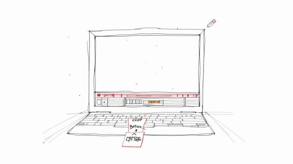 A person editing a video on a laptop, showing a timeline with effects applied to remove a watermark.