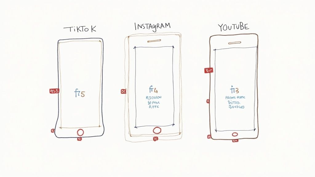 Sketch comparing TikTok, Instagram, and YouTube apps with screen dimensions and handwritten notes.