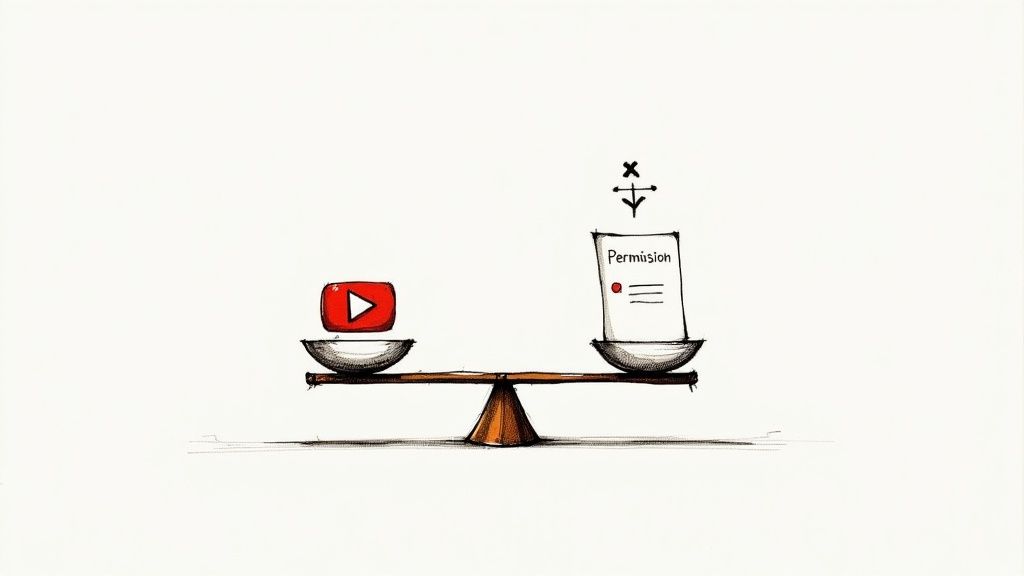 A hand-drawn balance scale weighs a red YouTube logo against a document labeled 'Permision' with a checklist.