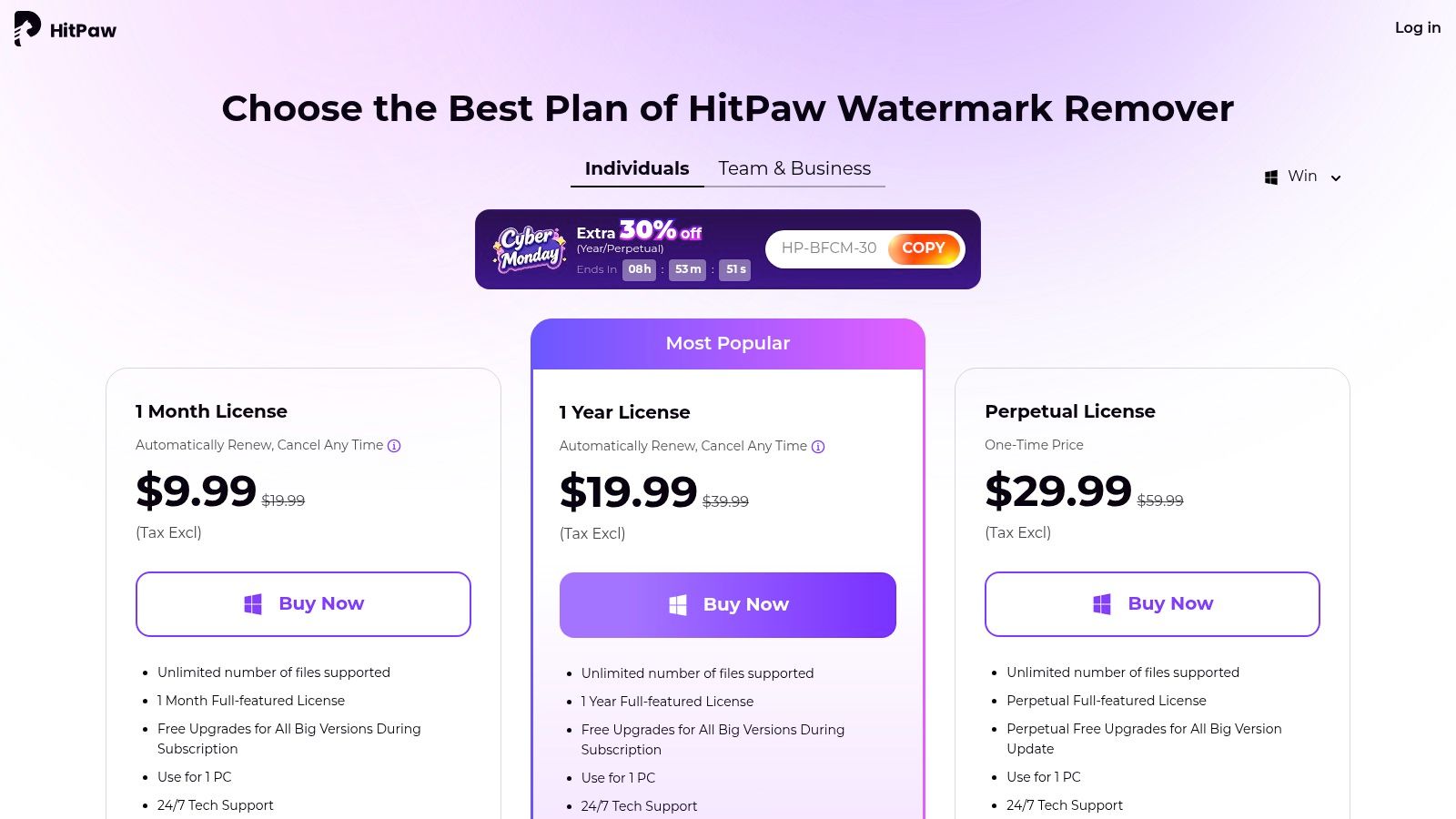 HitPaw Watermark Remover pricing plans, showing monthly, yearly, and lifetime options.