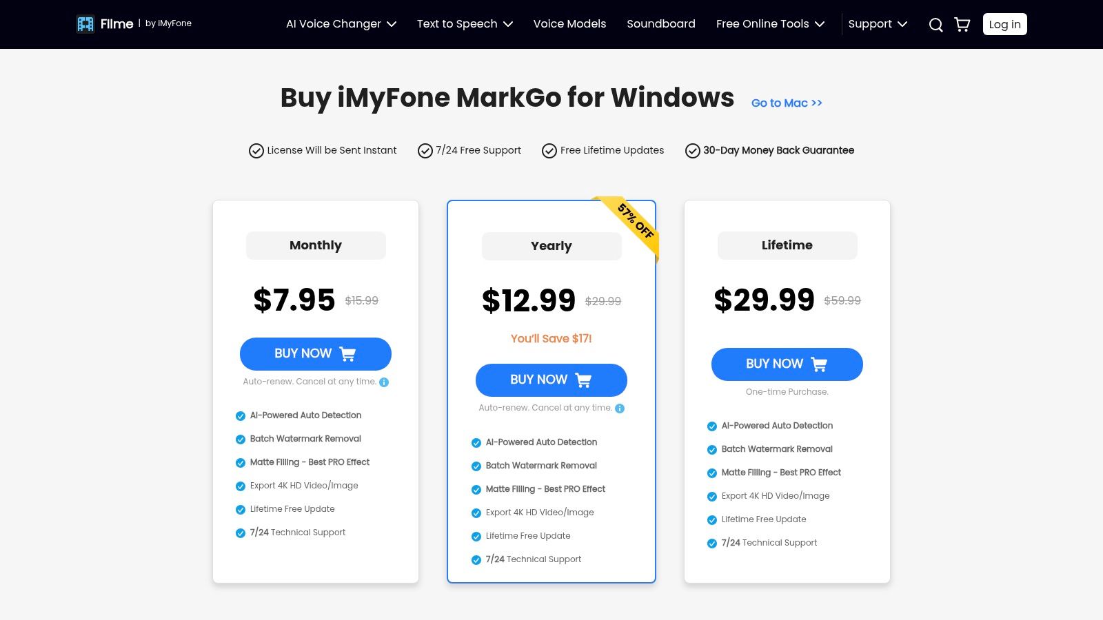 iMyFone MarkGo pricing plans, showing monthly, yearly, and lifetime options.