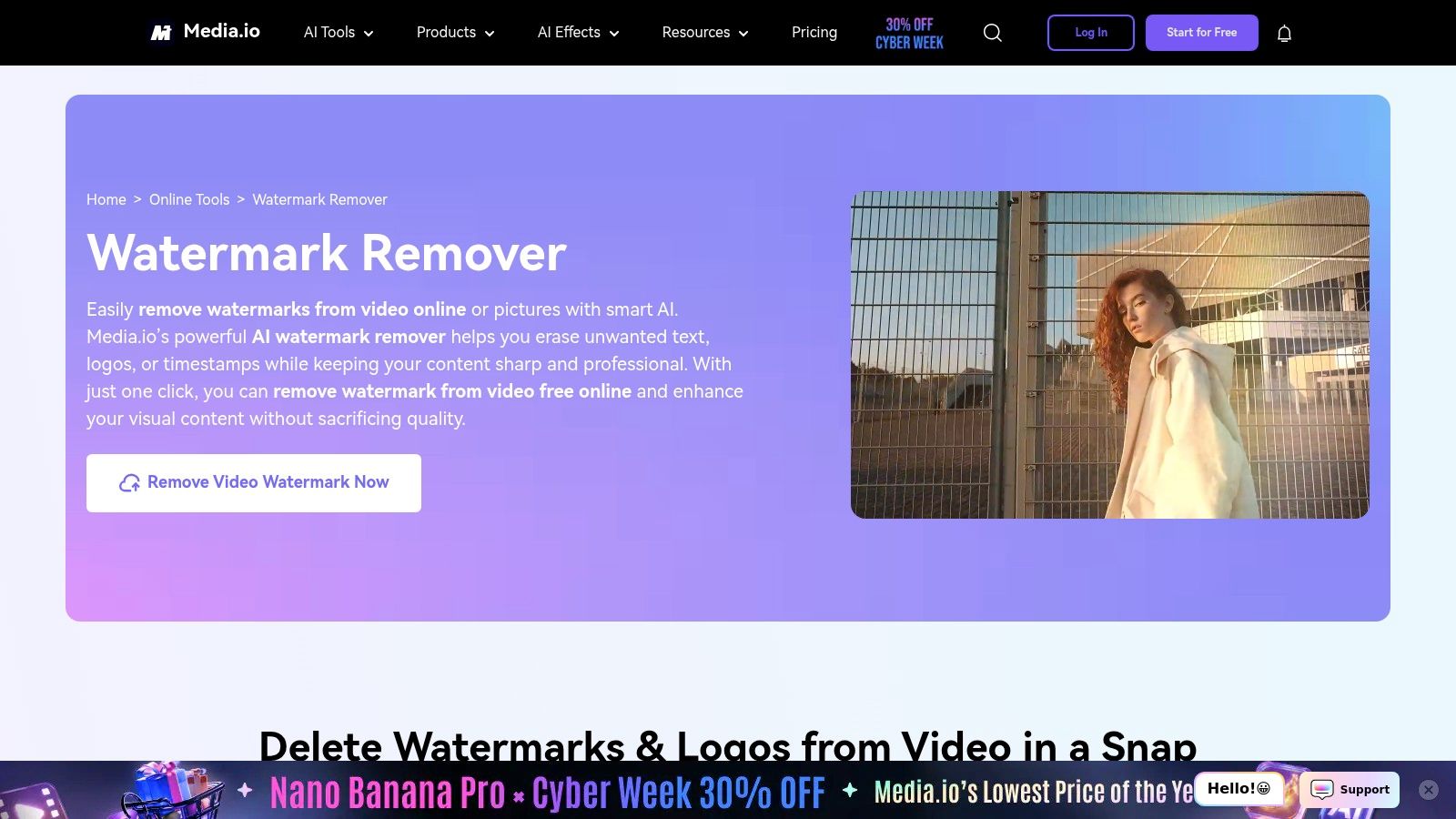 A woman using the Media.io Online Watermark Remover on her laptop.