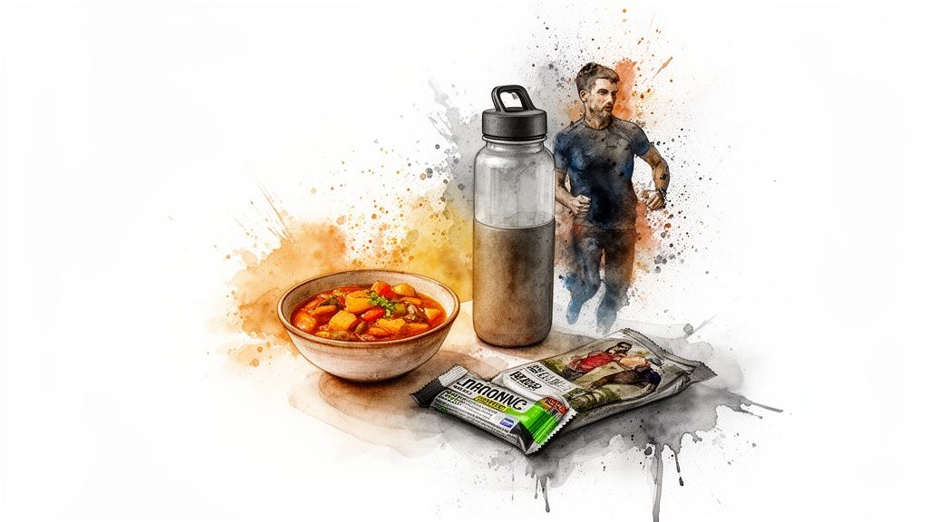Artistic watercolor depiction of healthy meal, water bottle, snack bar, and a running man, symbolizing active lifestyle.