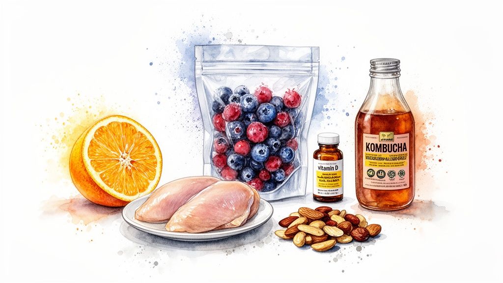 A collection of immune-boosting items, including orange, chicken, berries, almonds, Vitamin D, and Kombucha.