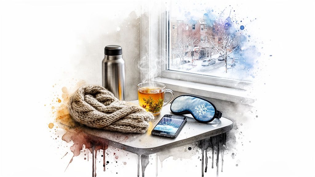A cozy winter scene with a thermos, tea, knitted scarf, phone, and sleep mask by a snowy window.