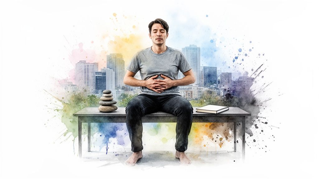 A man meditates in an urban setting with watercolor city background, balanced stones, and a book.