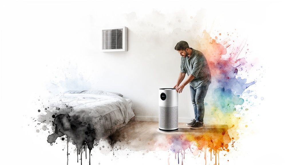 A man adjusts a sleek air purifier in a room with watercolor splashes, symbolizing improved air quality.
