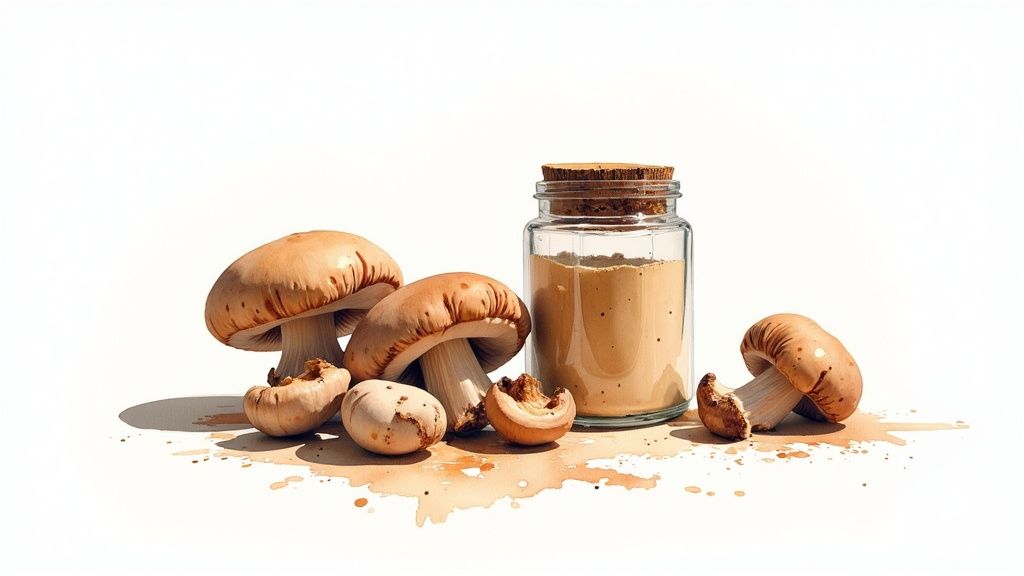 Fresh mushrooms and mushroom powder in a glass jar on a white background with earthy splatters.