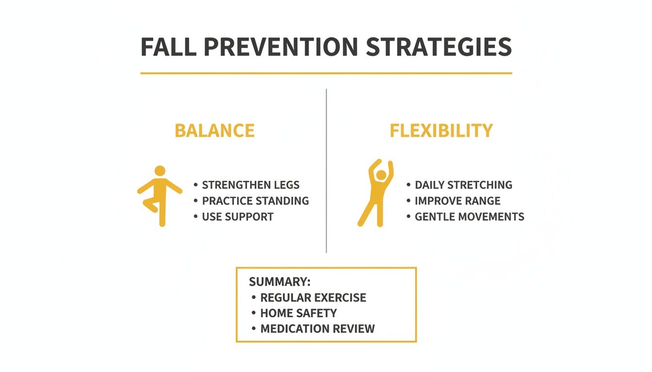 Infographic outlining fall prevention strategies with sections on balance exercises, flexibility movements, and a summary of safety tips.