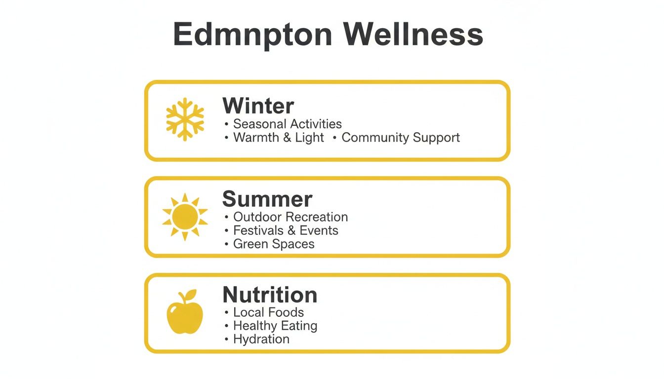Infographic detailing Edmonton Wellness initiatives, categorized into Winter, Summer, and Nutrition with icons.