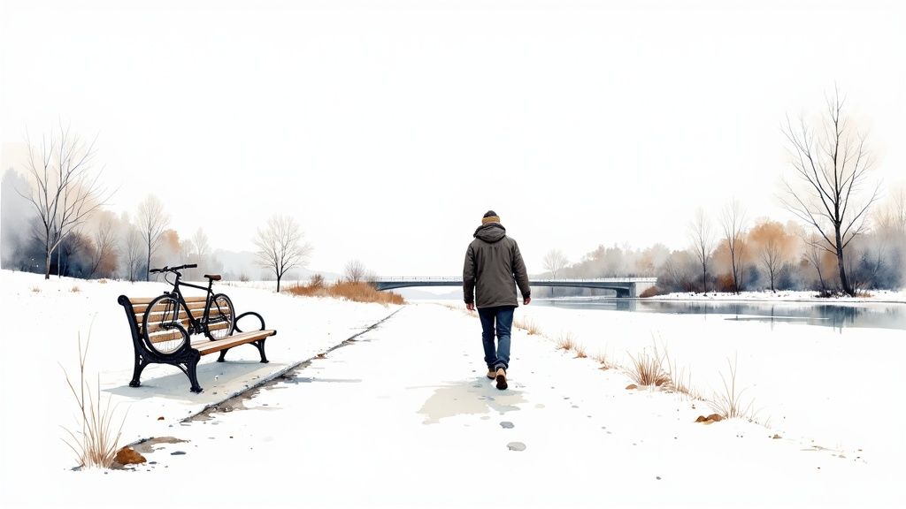 A person walks along a snow-covered path beside a river, with a bicycle on a bench.
