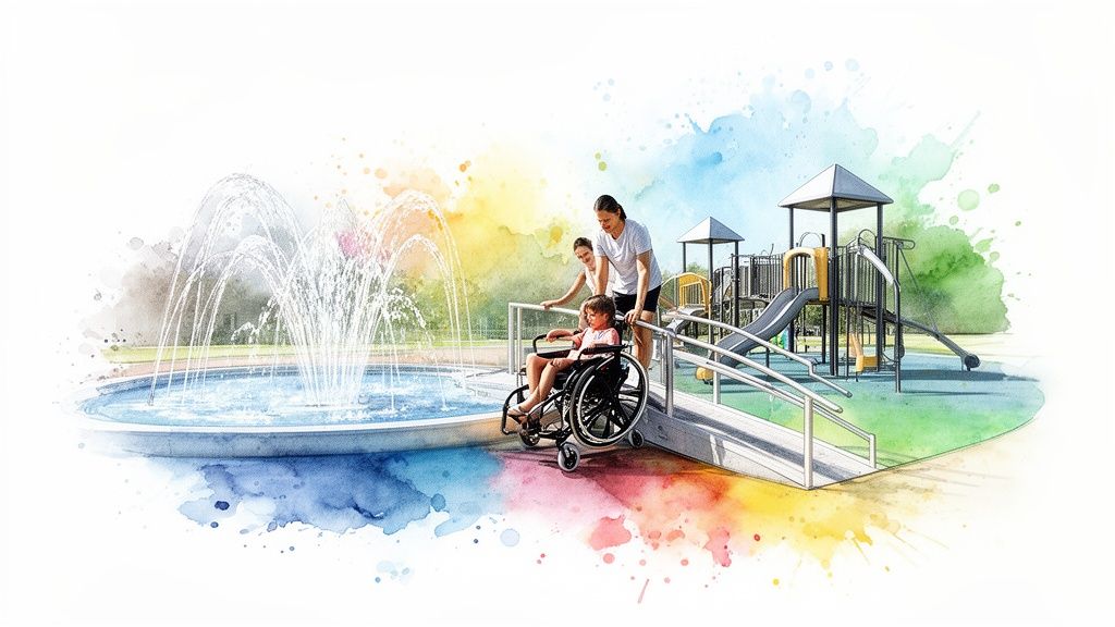 A child in a wheelchair on an accessible playground ramp with two adults, next to a water fountain.