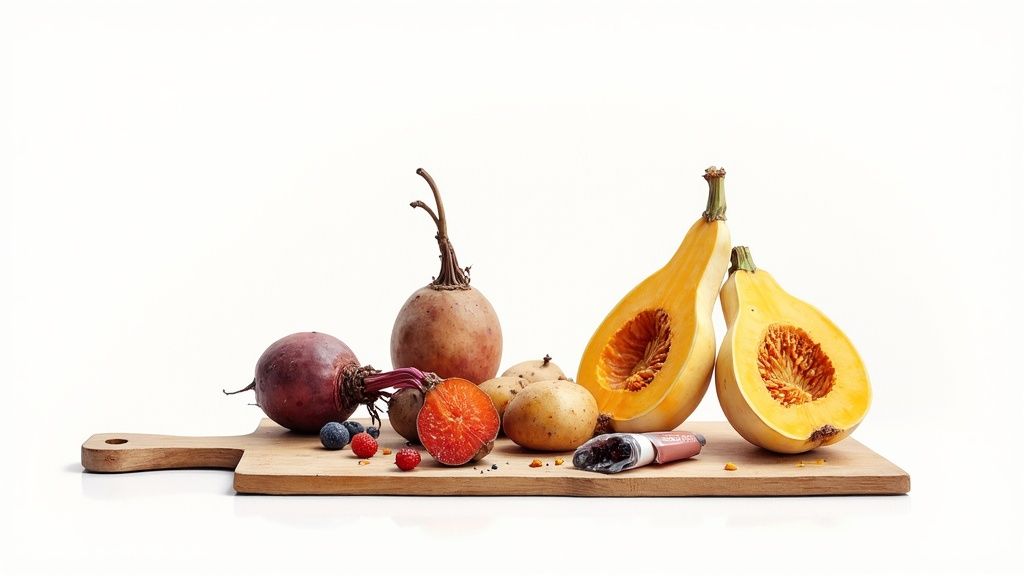 Assortment of fresh root vegetables and berries on a wooden cutting board, white background.