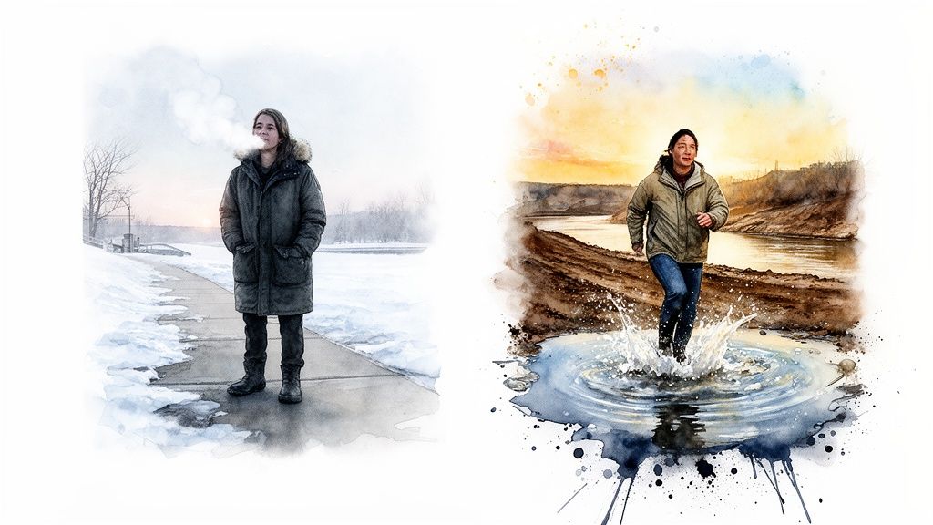 Two watercolor paintings depicting people in contrasting weather: one in snow, the other splashing in a puddle.