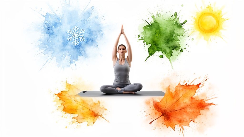 A woman meditating on a yoga mat, surrounded by vibrant watercolor splatters symbolizing the four seasons.