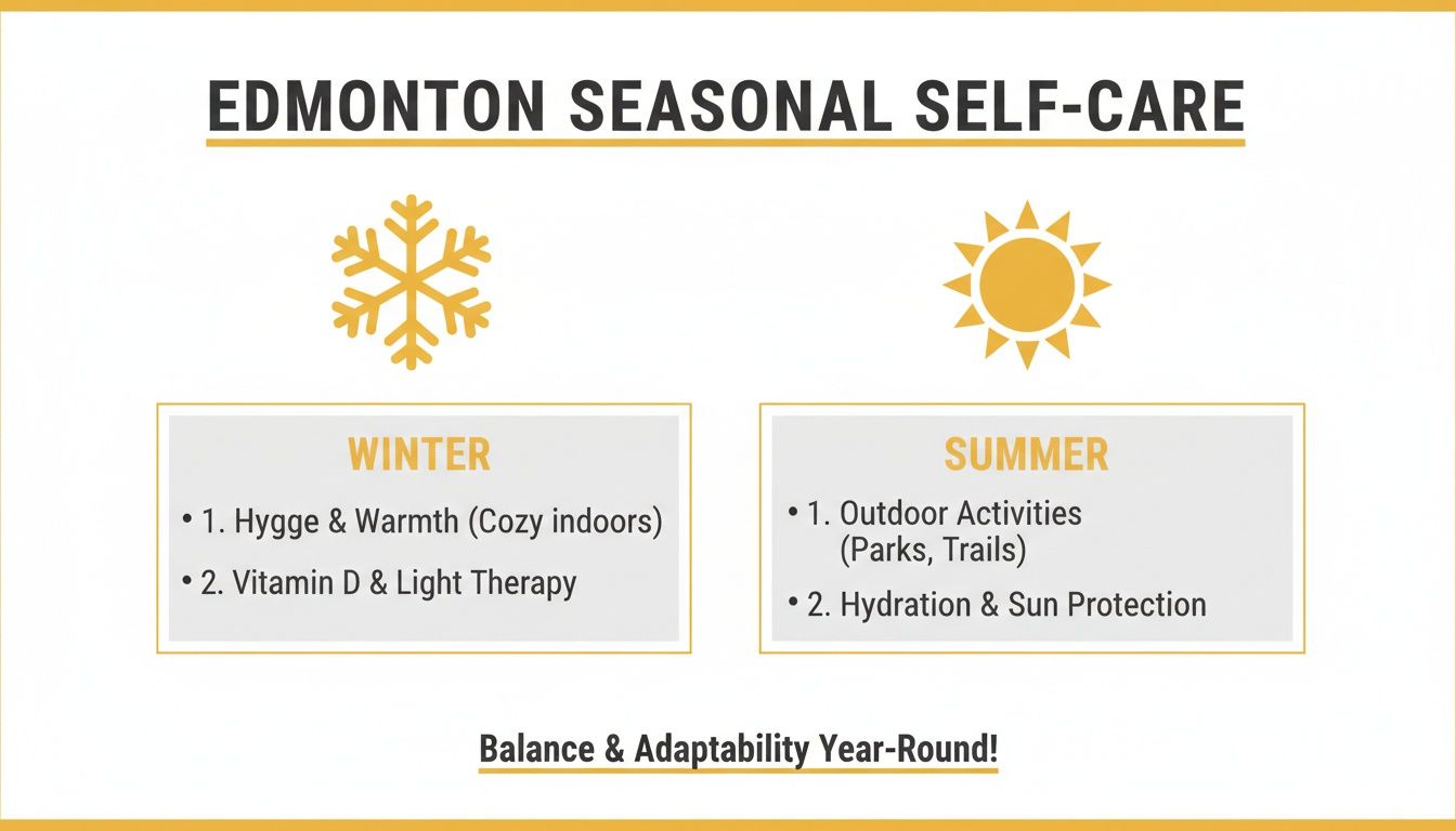 Visual guide to Edmonton seasonal self-care, highlighting winter warmth and summer outdoor activities for well-being.