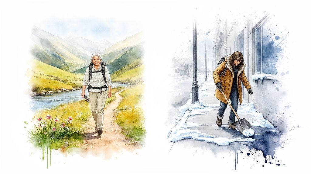 Watercolor images of an older woman hiking in nature and a person shoveling snow in winter.