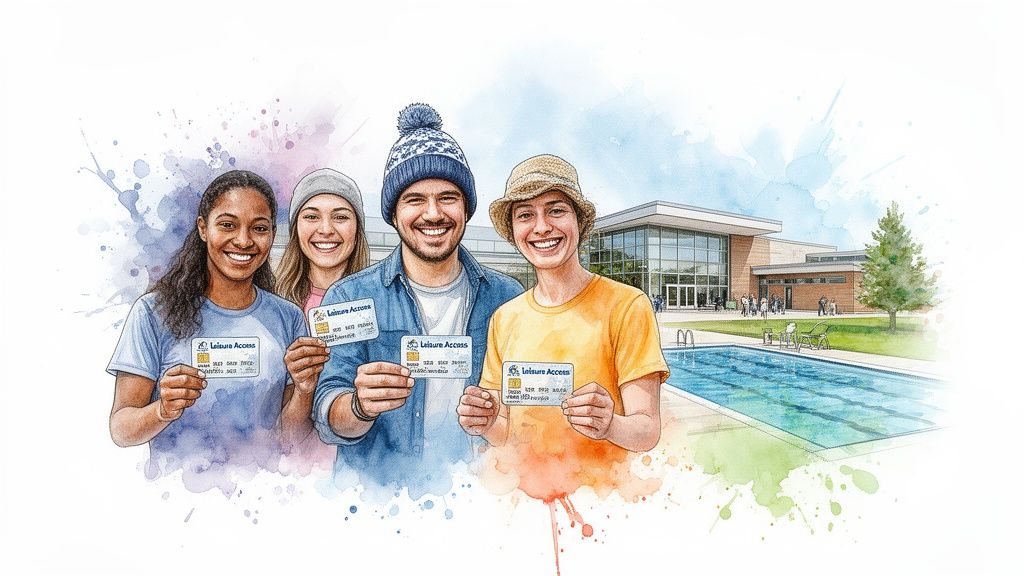Four smiling young adults proudly display Leisure Access cards at a vibrant community recreation center.