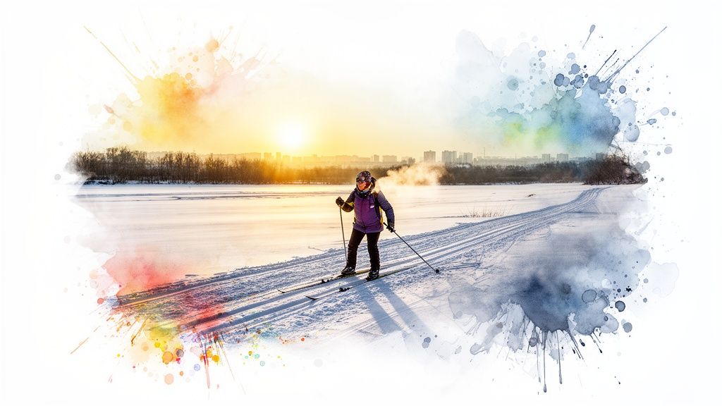 A person cross-country skis on a snowy track at sunset, with a city skyline and artistic watercolor edges.