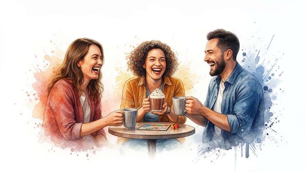 Watercolor illustration of three diverse friends laughing joyfully over drinks and a board game.
