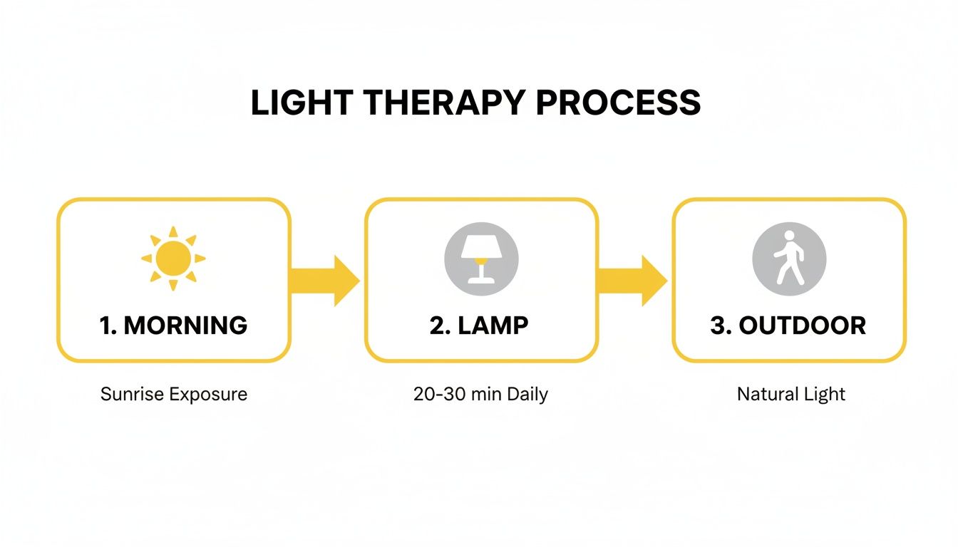 A diagram illustrating the light therapy process, including steps for morning, lamp use, and outdoor exposure.