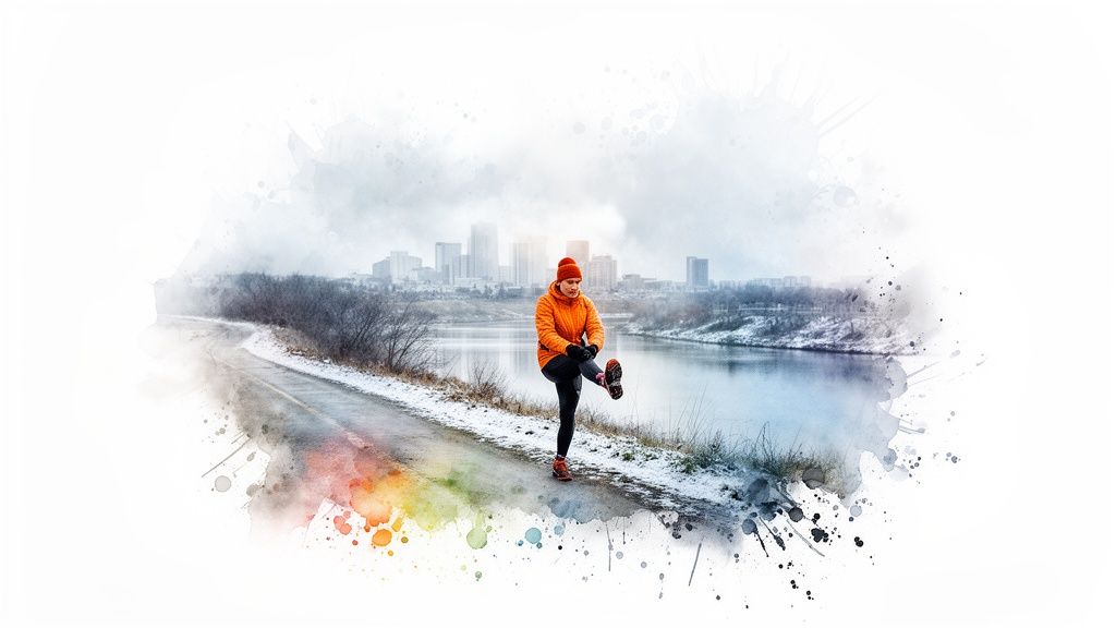Athlete in orange jacket stretching on a snowy trail beside a river and city.