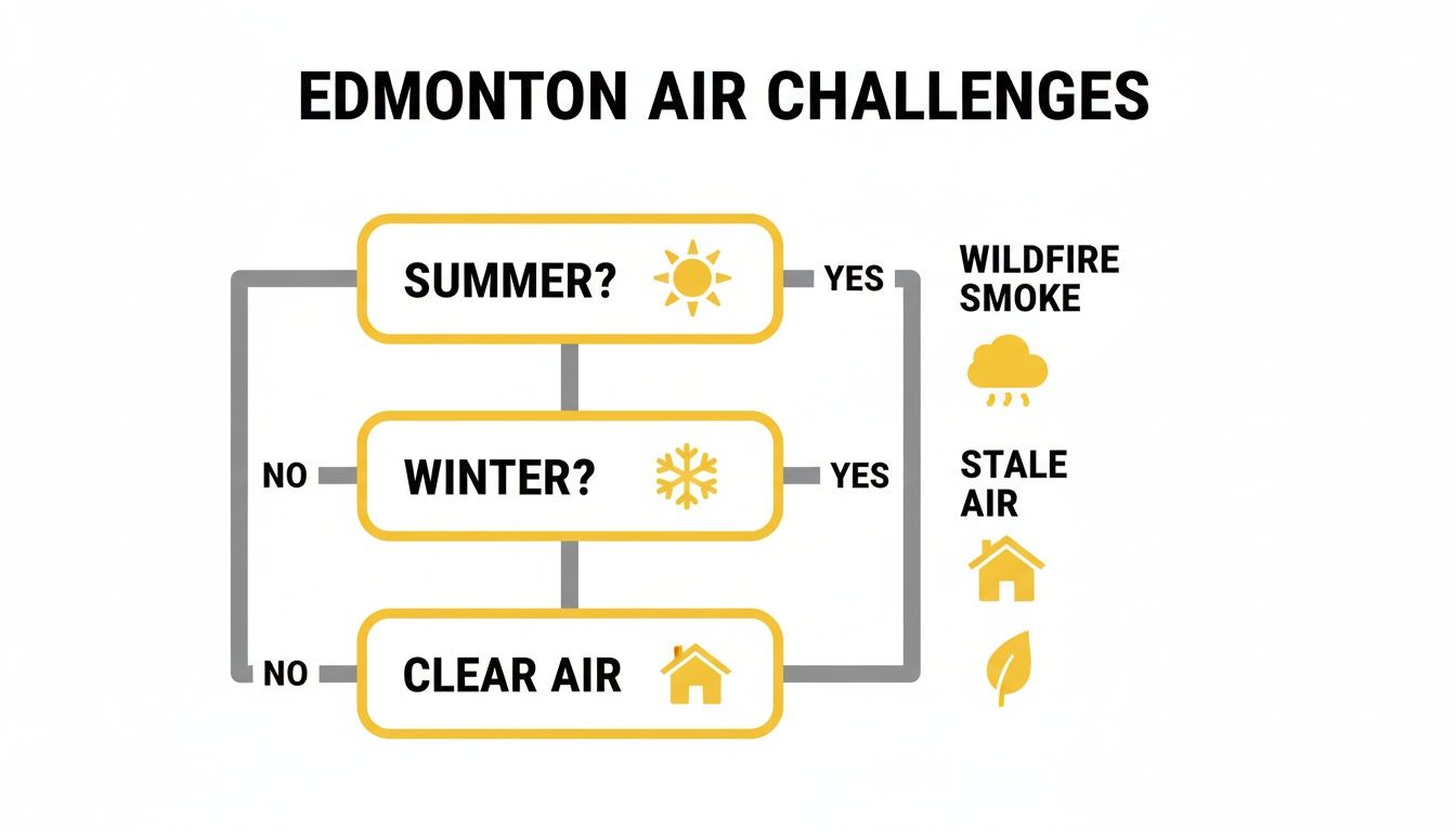 Flowchart illustrating Edmonton's air quality challenges: wildfire smoke in summer and stale indoor air in winter.