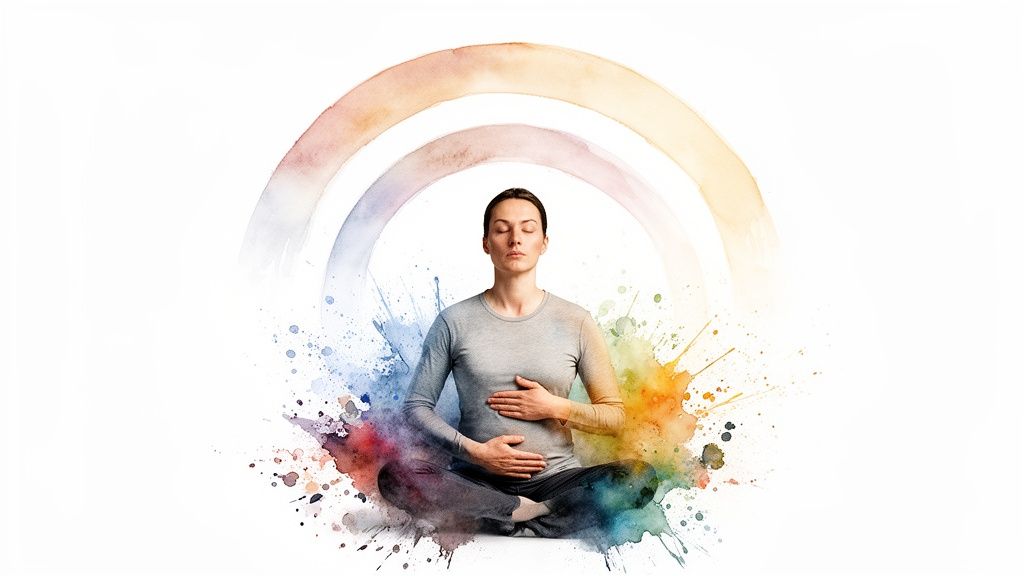 A woman meditating with closed eyes and hands on her abdomen, surrounded by colorful watercolor splashes and arches.