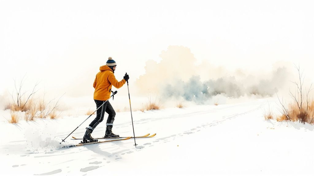 A person in a yellow jacket cross-country skis through a snowy, winter landscape.