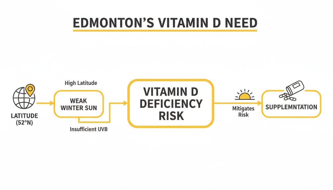 Flowchart illustrating Edmonton's vitamin D deficiency risk due to high latitude and weak winter sun, mitigated by supplementation.