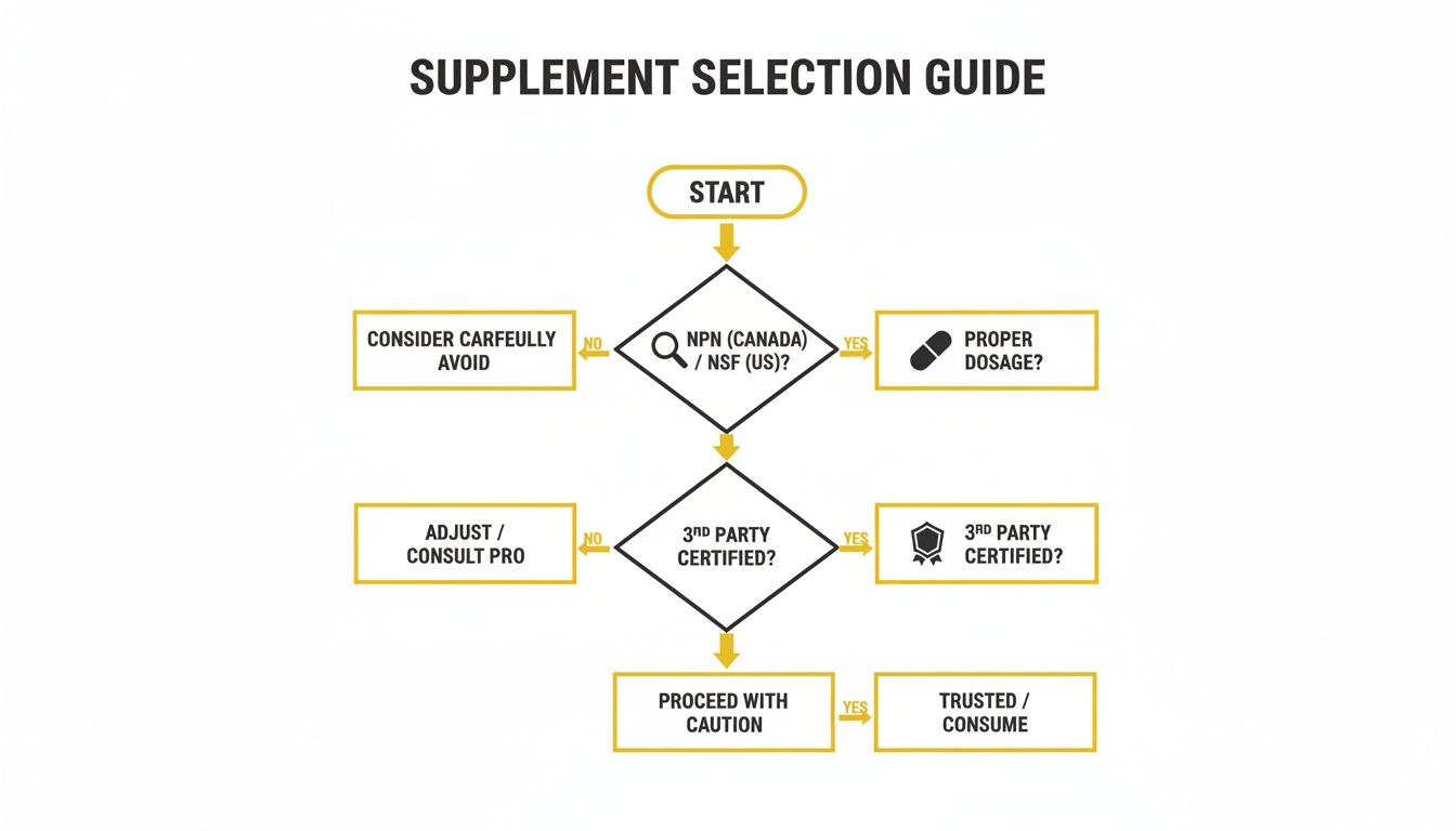 Flowchart guiding supplement selection based on NPN (Canada), NSF (US) and third-party certification.