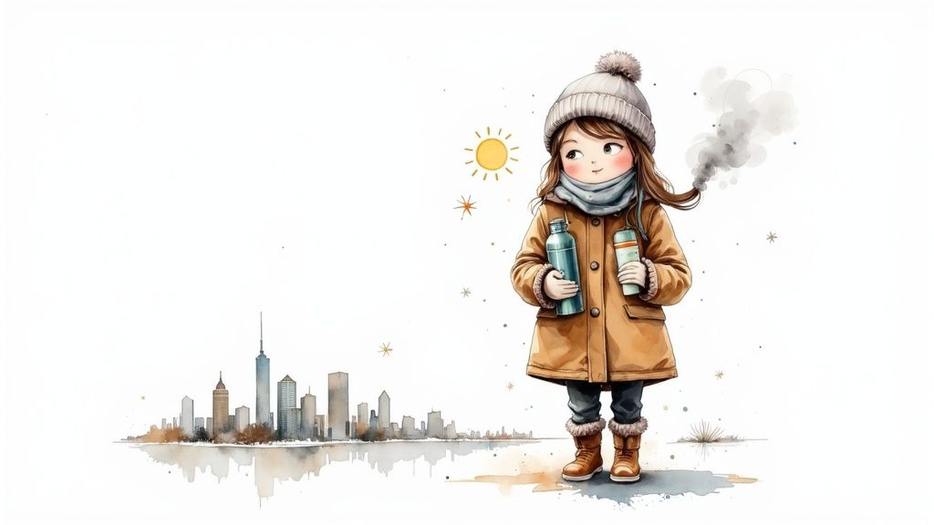 A cute cartoon girl dressed in winter clothes holding two thermoses with a cityscape background.