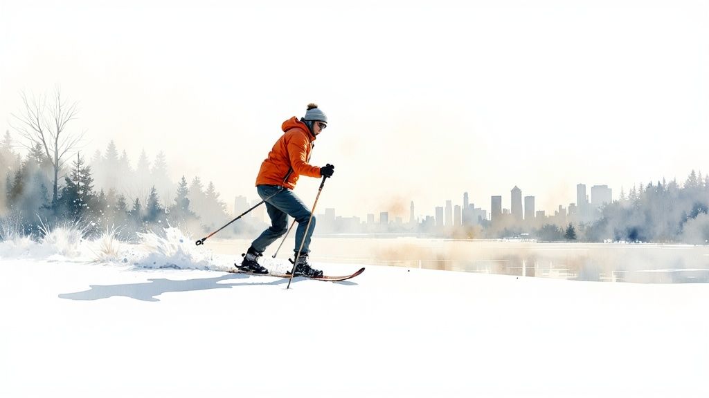 A person in an orange jacket cross-country skis across a snowy landscape with a city skyline in the background.