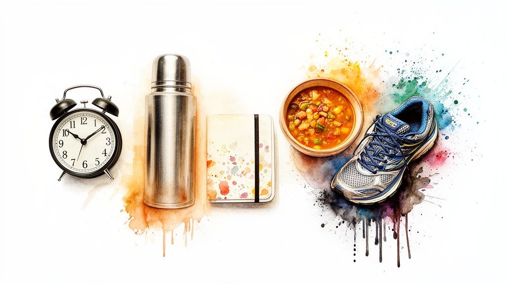 Watercolor art featuring an alarm clock, thermos, notebook, healthy stew, and running shoe for a balanced routine.