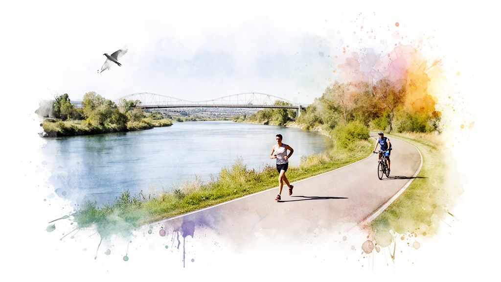 A scenic watercolor-style image of a river valley with a bridge, a runner, and a cyclist on a trail.