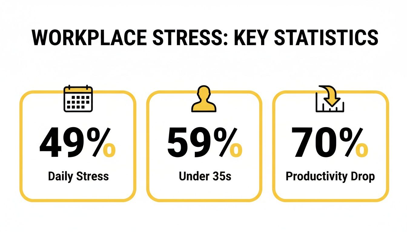 Infographic showing key workplace stress statistics: 49% daily stress, 59% for under 35s, and 70% productivity drop.