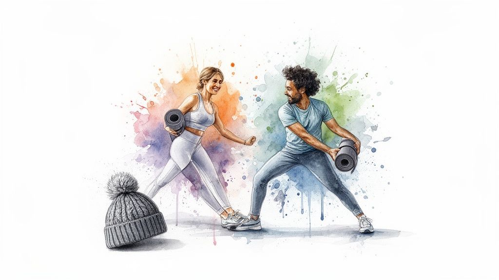 Two people in activewear with yoga mats, smiling amidst colorful watercolor splashes, ready for a workout.