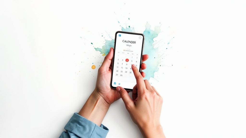 A person's hands holding a smartphone displaying a calendar app, touching the screen.