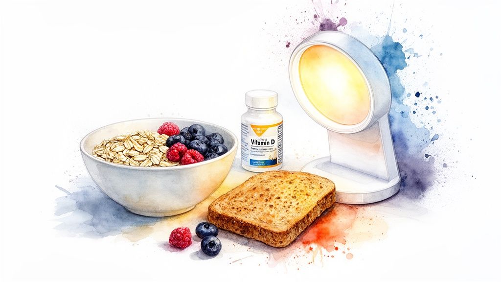 A vibrant watercolor depicting a healthy breakfast, Vitamin D supplements, and a sun lamp.