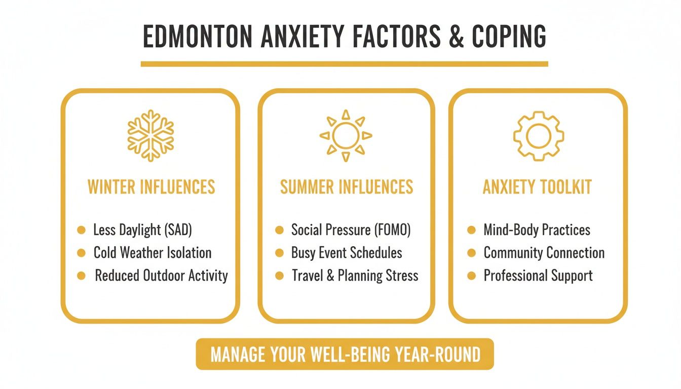 Infographic displaying seasonal anxiety factors and effective coping strategies for well-being.