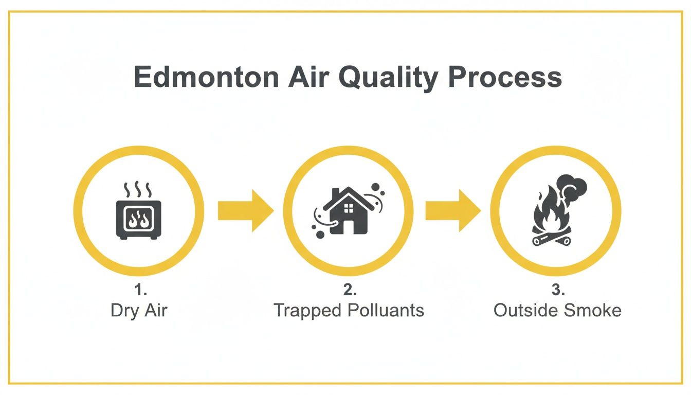 Infographic illustrating Edmonton's air quality process: Dry Air, Trapped Pollutants in homes, and Outside Smoke sources.