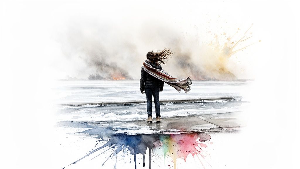 Woman in jacket and scarf watches distant fires on an icy horizon with vibrant art splashes.